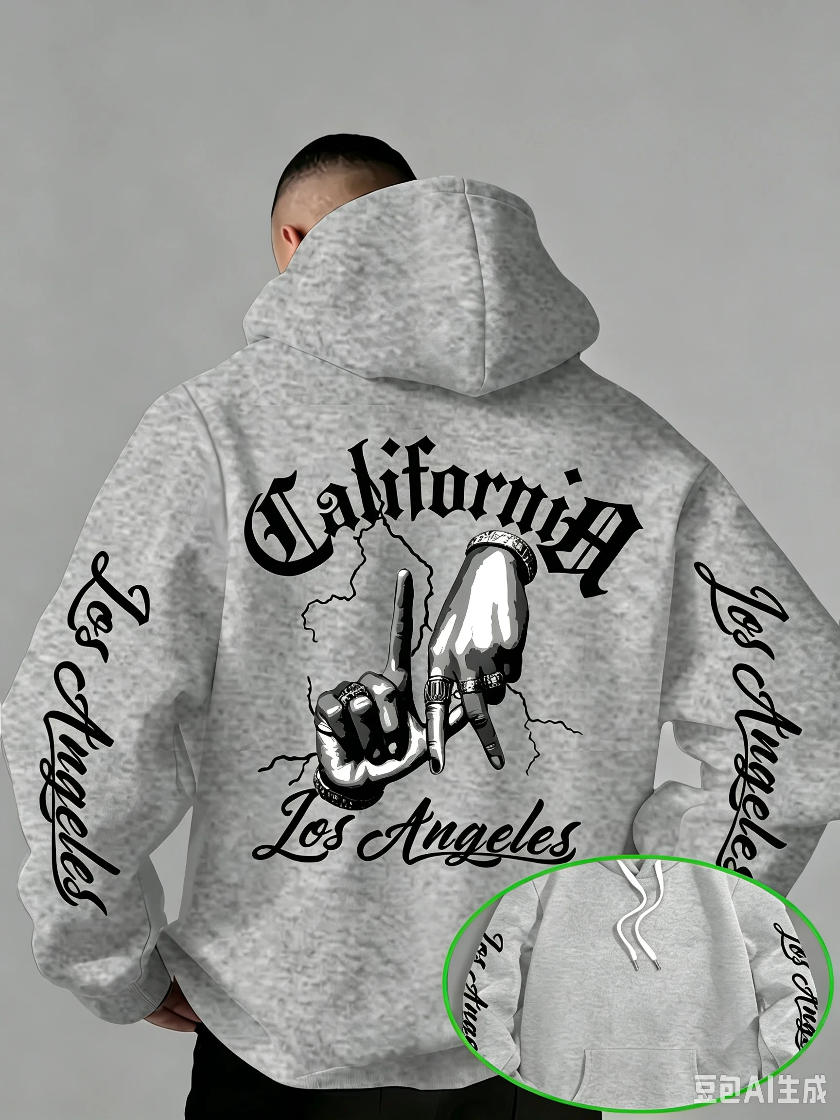 Men's Autumn/Winter Retro Chicano Style California Los Angeles Hand Gesture Print Hooded Sweatshirt - Casual Trendy Streetwear