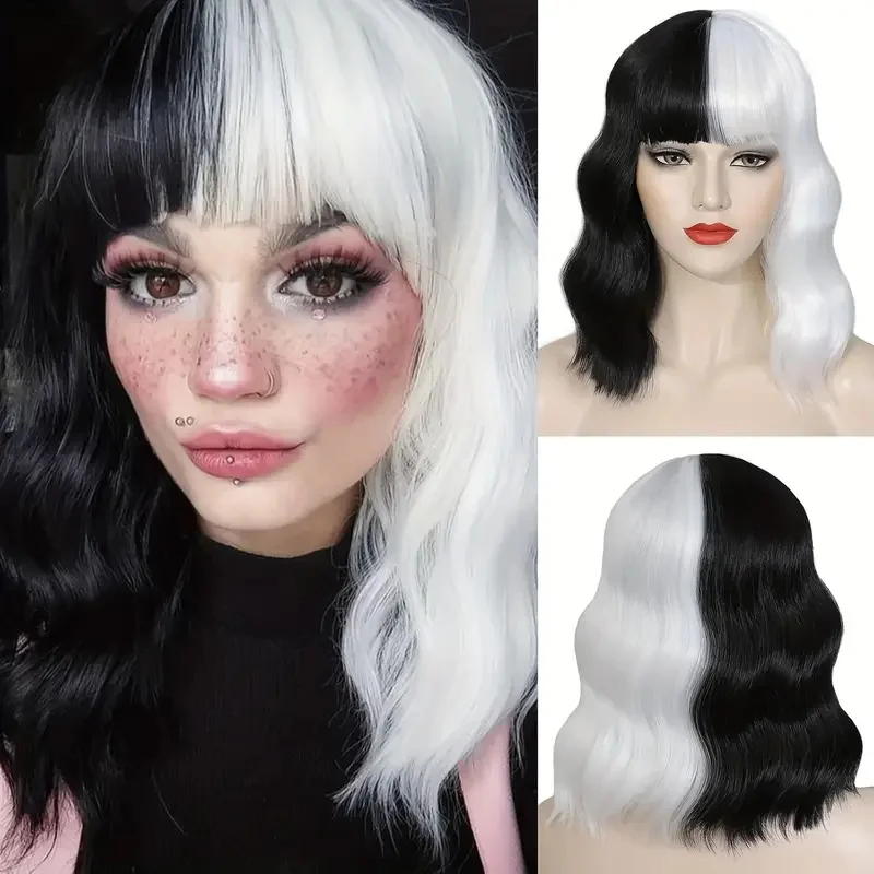 

Black and White Two-Tone Short Curly Wig with Bangs - Shoulder-Length Party Cosplay Wig for Women, High-Temp Synthetic Fiber
