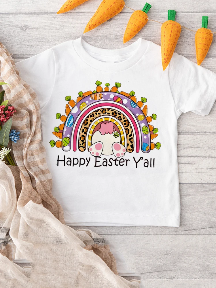 

Bunny&Ranbow Pattern Printed Girl Child T-shirt Easter Day Childs Tee Tops Summer Short Sleeve Tshirts Easter Day Kids Clothies