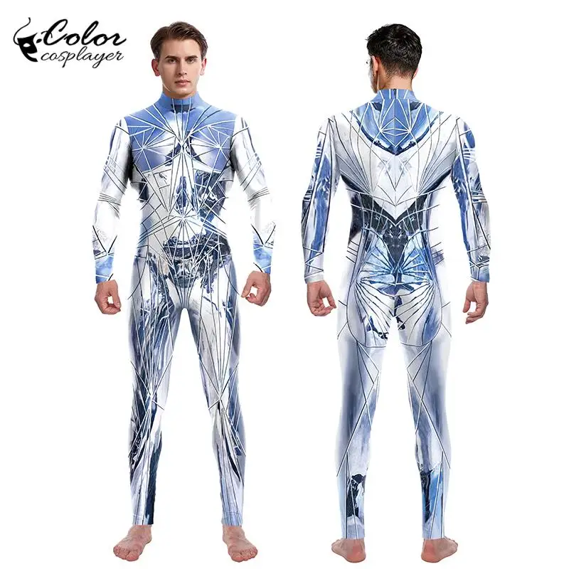 Kleur Cosplayer Mannen Jumpsuit Halloween Cosplay Kostuum Volwassen Bodysuit Glas Crack Graphics 3d Geprint Catsuit Rits Zentai