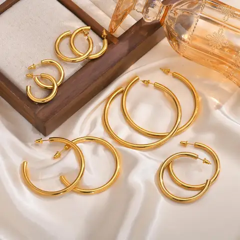 Waterproof Chunky Circle Hoop Earrings For Women, Gold Plated Stainless Steel Loop Earring 25/42/50/63mm