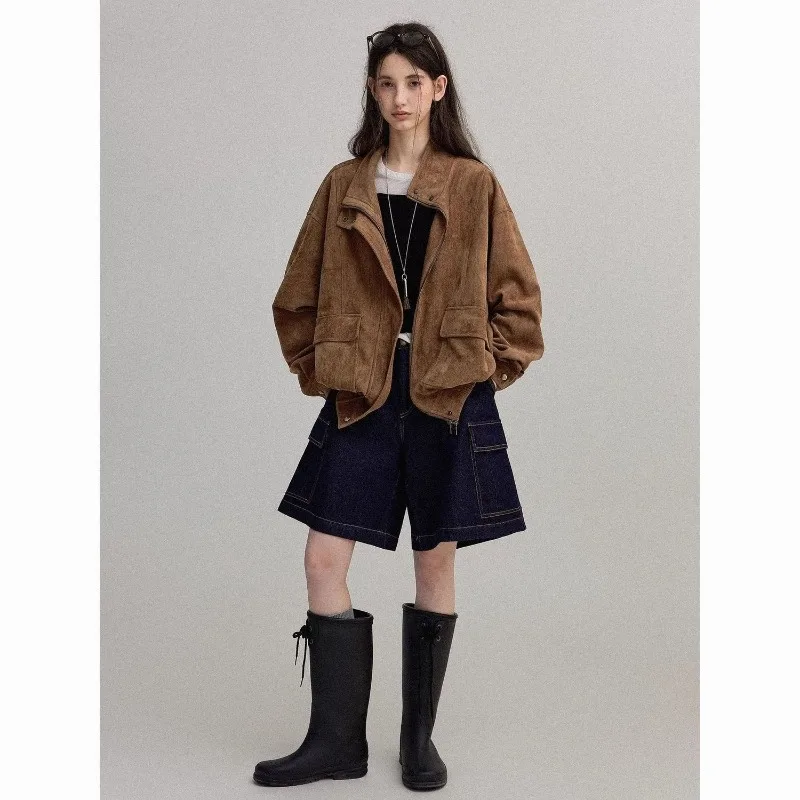 Wear Coffee Brown Chic Wear Suede Jacket Women's Spring Autumn American Loose Lazy Style Commuter Jacket Exquisite Personality