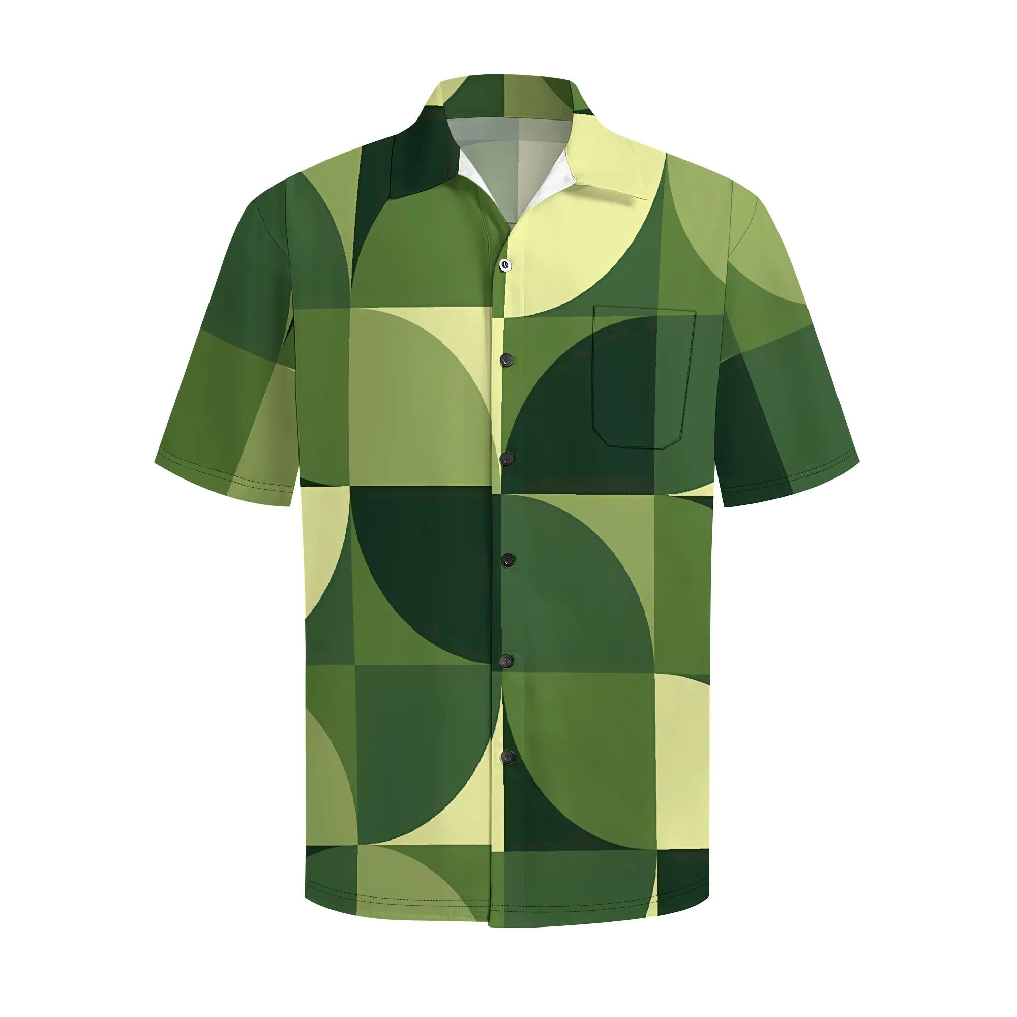 YEAE Green Geometric Fan Pattern Shirt for Men Summer Casual Short Sleeve Top