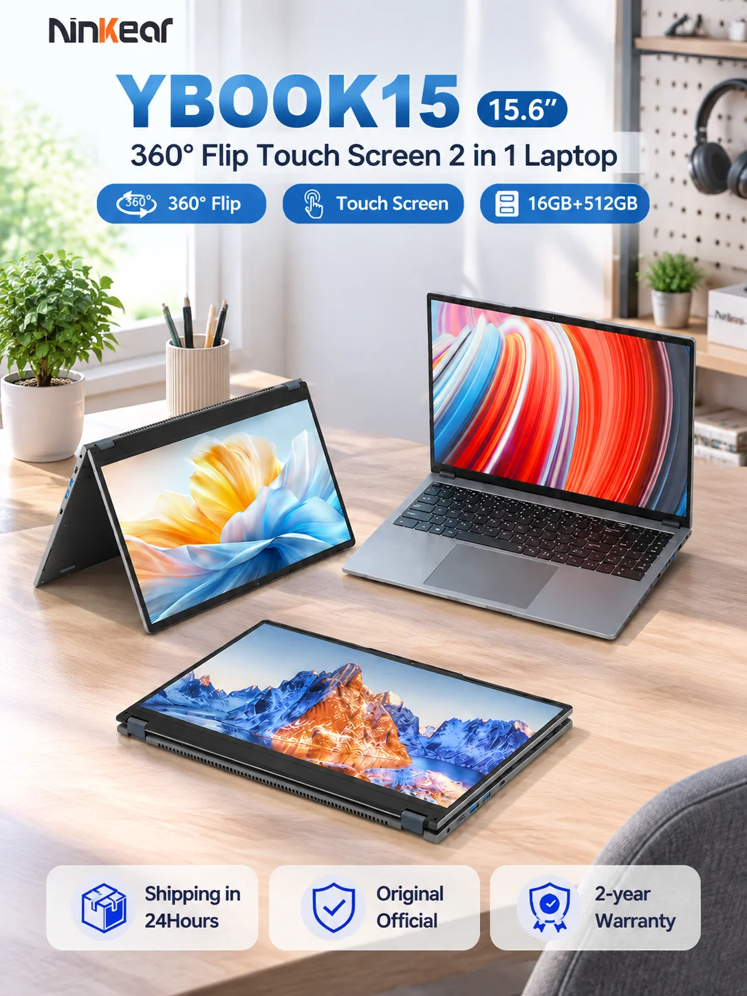 Ninkear YBOOK15 15,6 Zoll 2-in-1 Laptop AMD Ryzen 3 3250U 16GB DDR4 RAM 512GB SSD Convertible Notebook 360° Drehbarer Touchscreen FHD Display Radeon Vega 3 Grafik USB-C HDMI WLAN Bluetooth Leichter