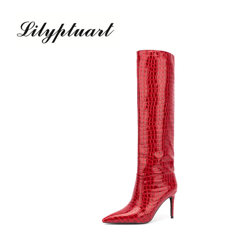 

Women Knee High Boots Heels Fluorescent Green Blue Crocodile Leather Pointed Toe Spring Autumn Long Boots Black Rose Red 2022