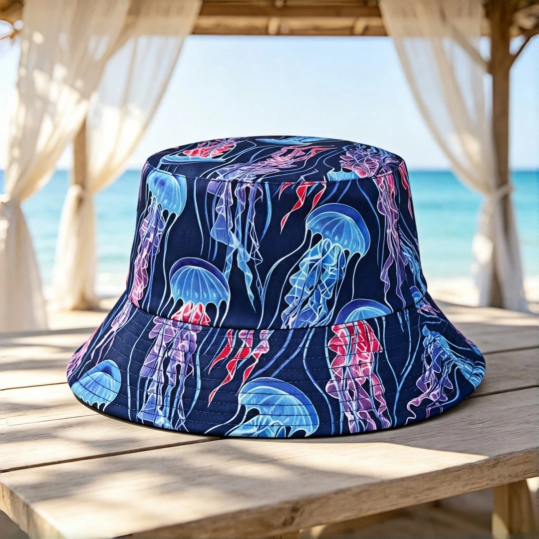 Ocean jellyfish printed fishing hat - suitable for both men and women. Deep sea jellyfish pattern. Lightweight and breathable. O