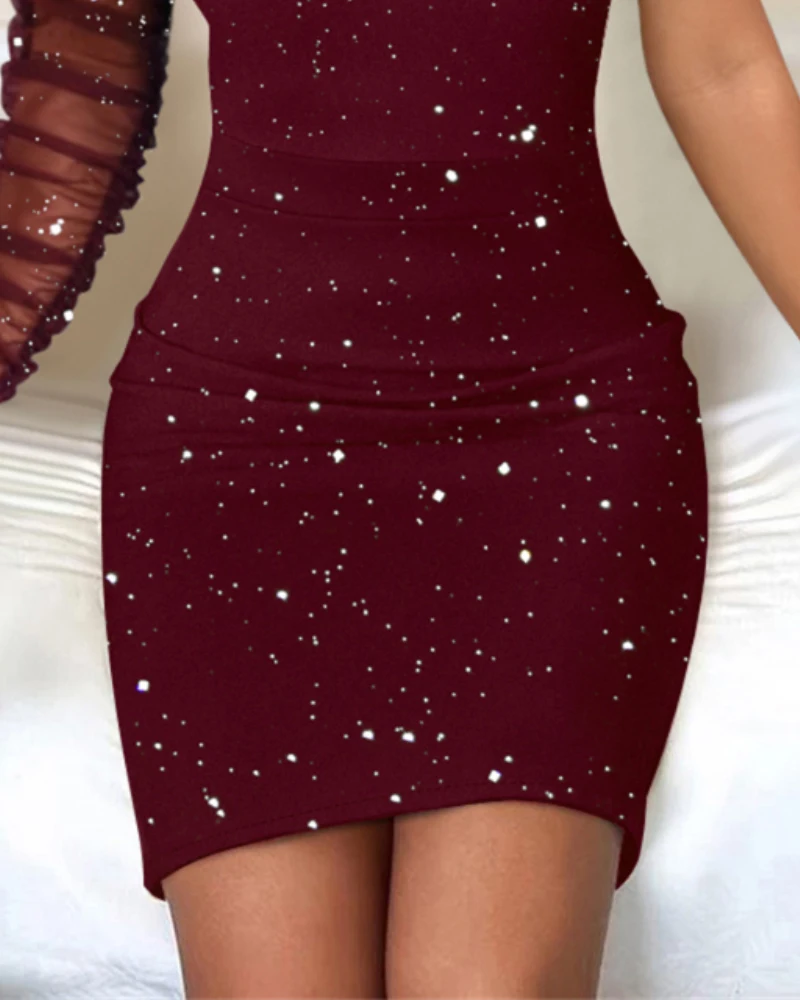 2024 Dames glitter bodycon met één schouder en lange mouwen, pure mesh patchwork mini-jurk met ruches