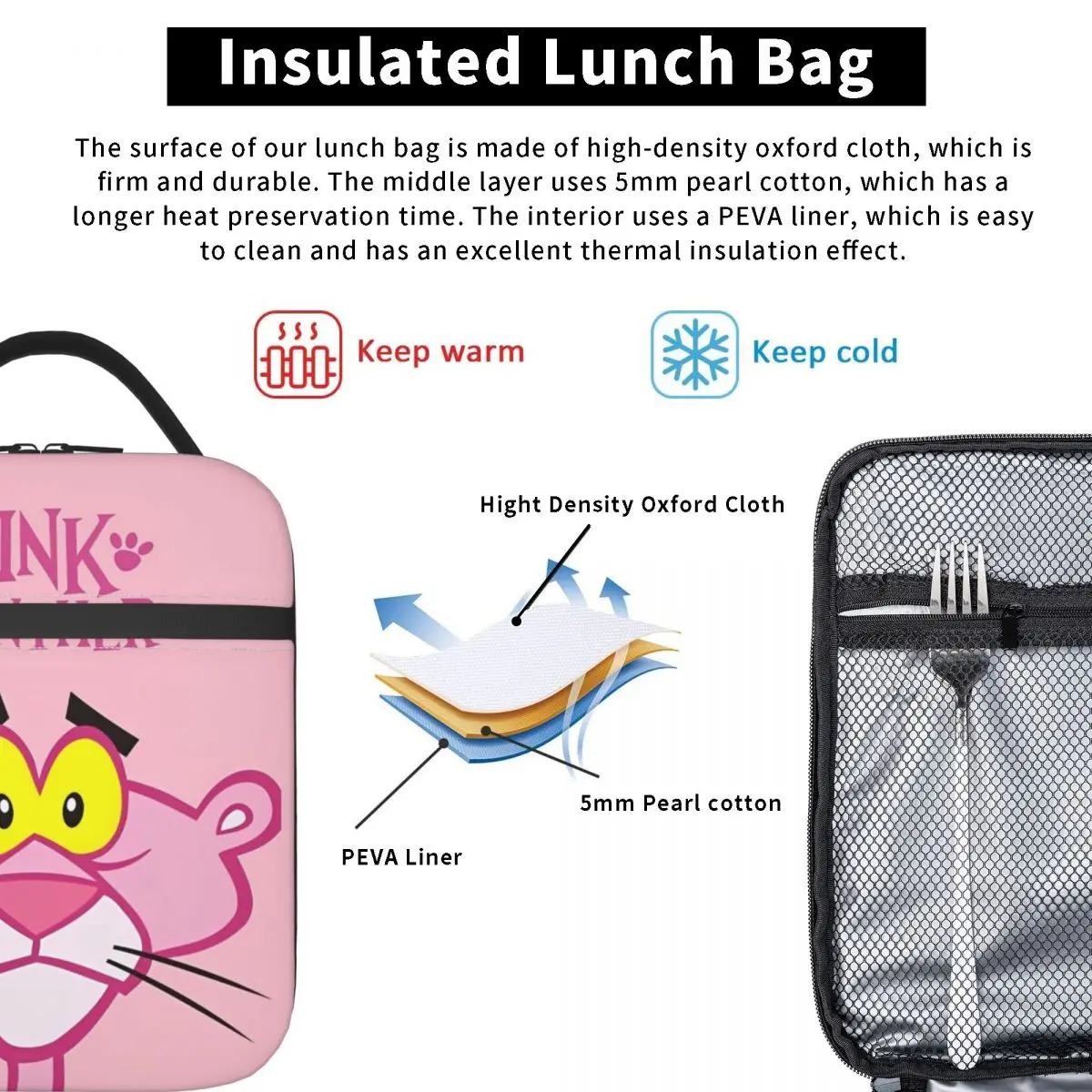 Pink Panther Insulated Lunch Bag Portable Meal Container Thermal Bag Tote Lunch Box Work Outdoor Girl Boy