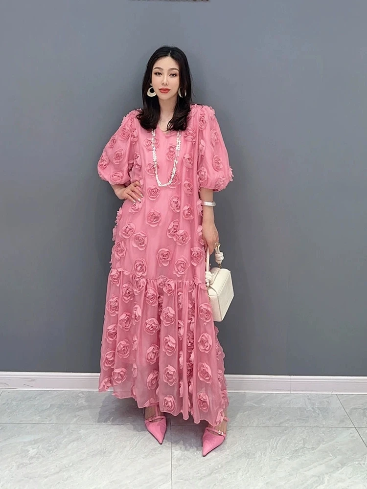 

2024, осеннее новое элегантное свободное длинное платье с v-образным вырезом и цветочным принтом, женское модное платье с пышными рукавами, оптовая продажа J555