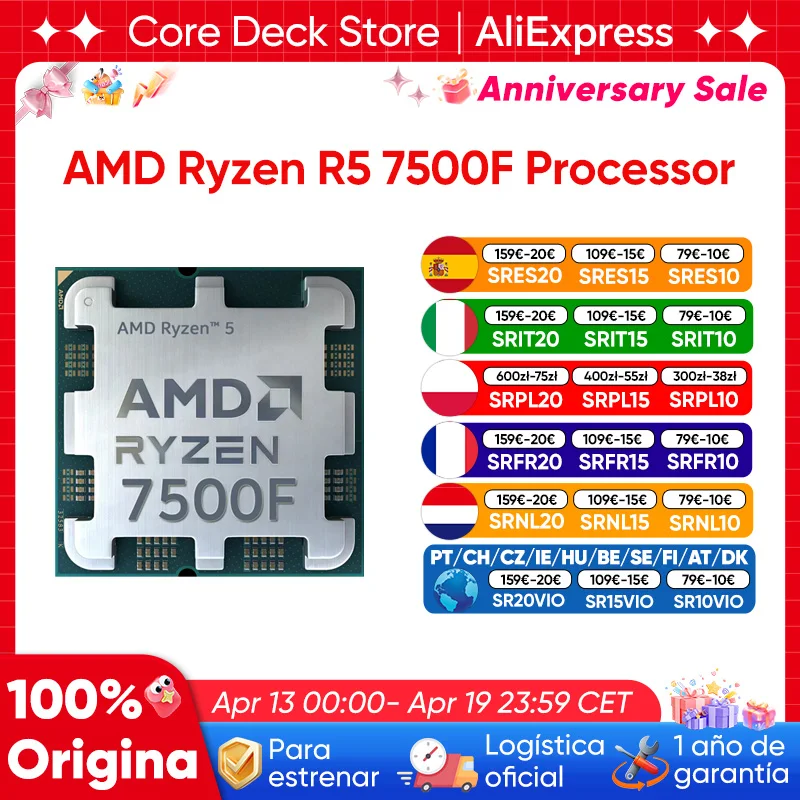 Processeur AMD Ryzen 5 7500F, 5,0 GHz, 6 cœurs, 12 threads, 32 Mo de cache de jeu, 65 W, R5 7500F, socket AM5, DDR5 5200 MHz, 5 nm, sans ventilateur