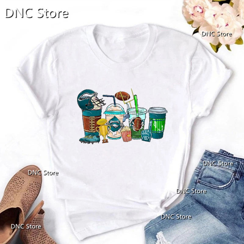 Tee Shirt Femme American baseball Coffee Cup Graphic Printed Women'S T-Shirt Fashion Summer Women'S Short Sleeved Tops Wholesale