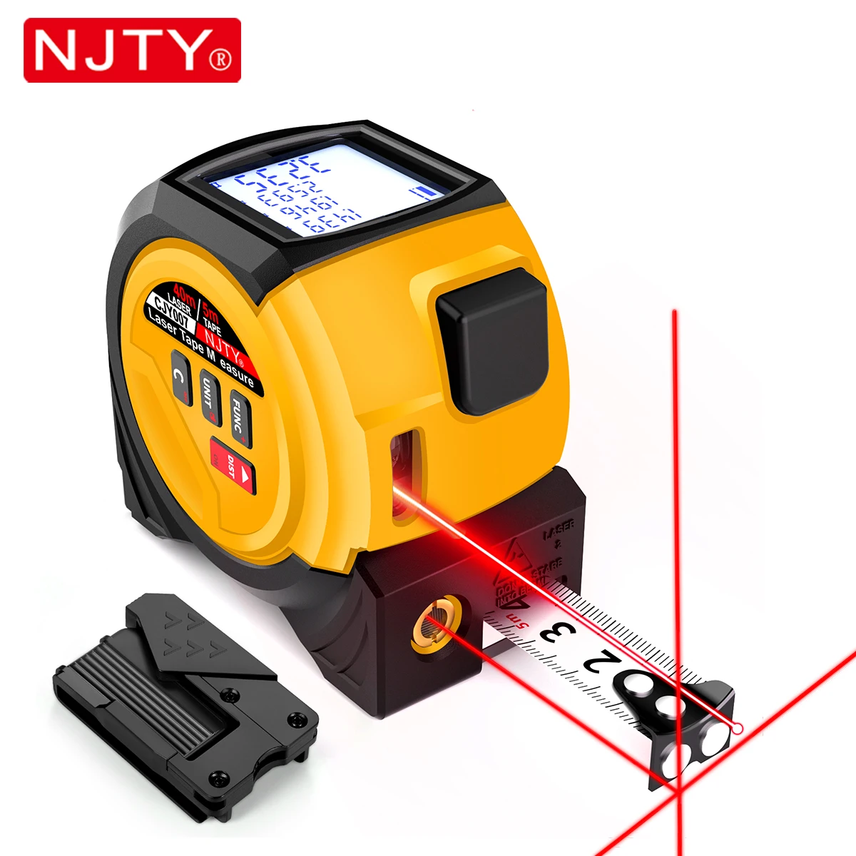 NJTY 3-in-1 Laser Tape Measure 60m/196ft  40m/131ft  Laser Distance Meter Cross Laser Level Belt Buckle Design Self-lock Tools