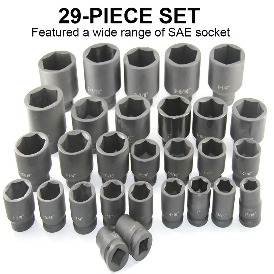 29Pcs 1/2 "Standaard Impact Socket Set Korte 1/2" Drive Socket Set Impact Standaard Sae 3/8 "Te 1-1/2" Inch 6-Point Hex Sockets