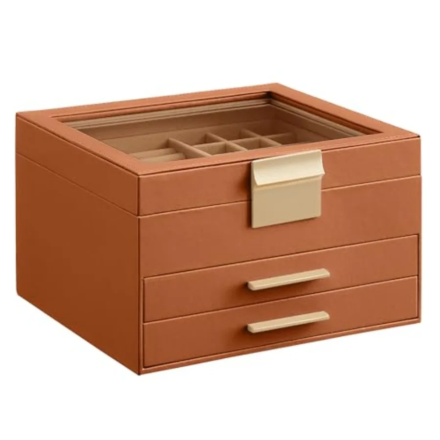 

Коллекция GISELLA - Шкатулка-органайзер для украшений - Ящик для хранения украшений с выдвижными ящиками, блестящей металлической фурнитурой, стеклянной крышкой, современный дизайн, 8 x 9.1 x 5.3 дюйма.