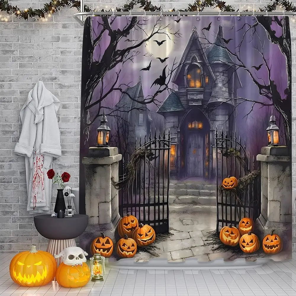 Halloween Shower Curtain Scary Night Full Moon Black Dead Tree Gothic Haunted House Castle Pumpkin Courtyard Door Happy