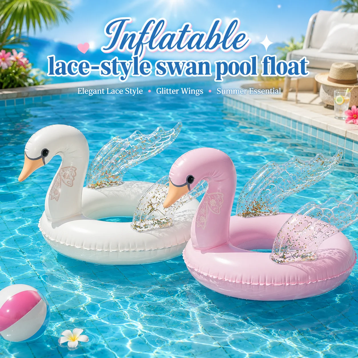 

1pc Lace Style Swan Pool Float Inflatable Swim Ring Glitter Wing PVC Swimming Tube for Pool Beach Summer Party