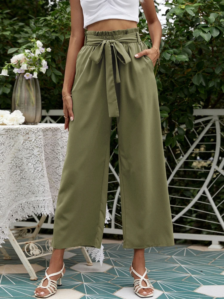 

Summer Women High Waist Bandage Pants Casual Elastic High Waist Ankle-Length Pants Autumn Fashion Solid Loose Office Trousers