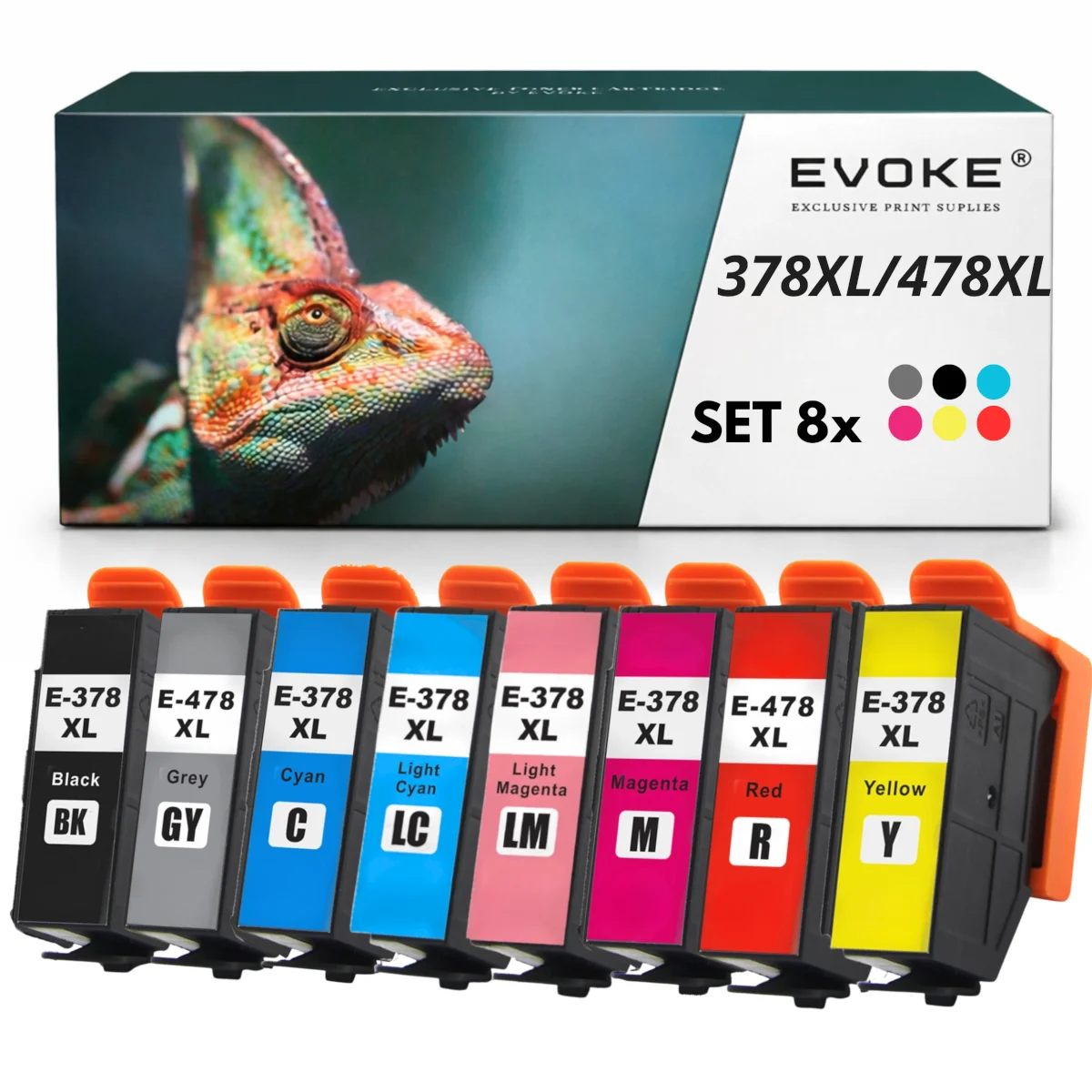 Evoke Compatibele Inkt voor Epson 378XL 478XL 378 XL 478 XL 8X: Zwart, Cyaan, Magenta, Geel, Lichtcyaan, Lichtmagenta, Rood, Grijs 105,6 ml Expression Photo Xp-8500 Xp-8505 Xp-15000