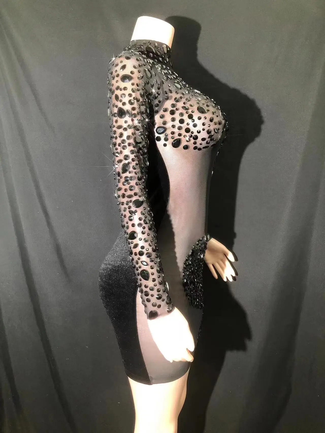 Vestido de encaje de malla personalizado transparente, lentejuelas de alta elasticidad, diamantes de imitación, sexy, ajustado, vestido de fiesta de cumpleaños, Longuette de rendimiento