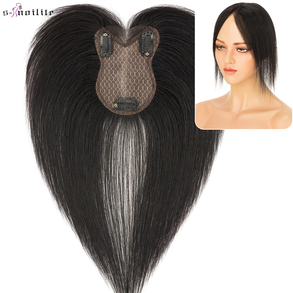 

S-noilite Women Topper 8x11cm Human Hair Toppers Hand-woven Single Knot Black Brown Natural Hair Wigs Center Part Lace Hairpiece