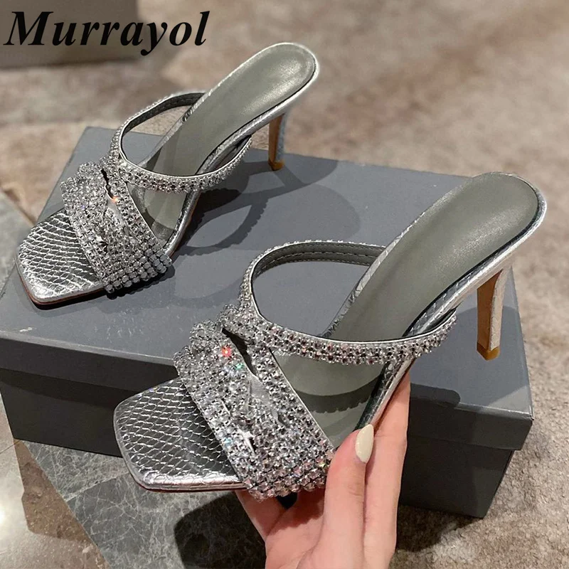 New Square Toe Rhinestone Decor Thin Heels Slippers Women One Strap High Heels Sandals Summer Dress Shoes Pumps Buty ślubne