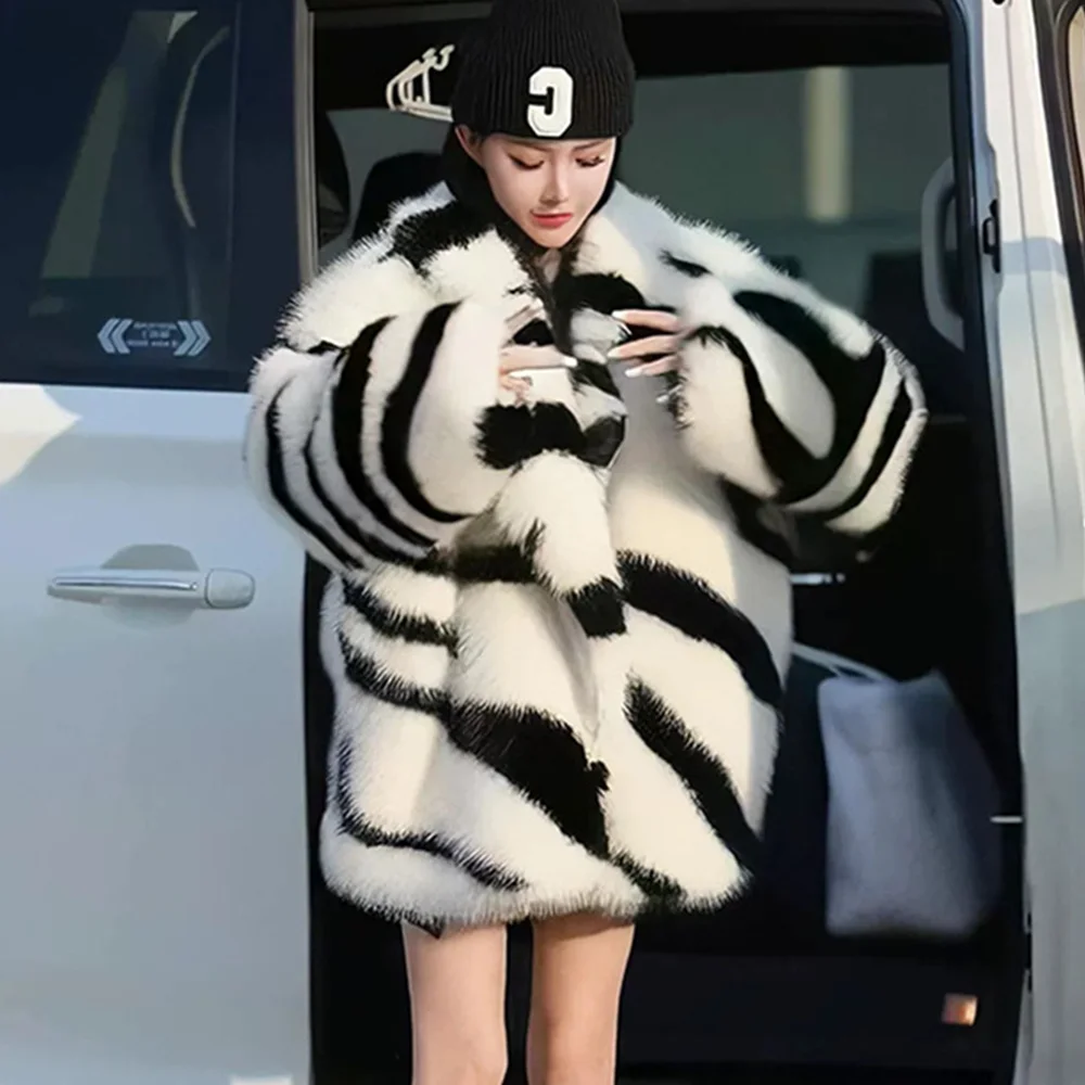 Fluffy Thick Warm Winter Jacket Women Zebra-Print Big Collar Faux Fur Coat Women Oversize Causal Plush Overcoat Streetwear