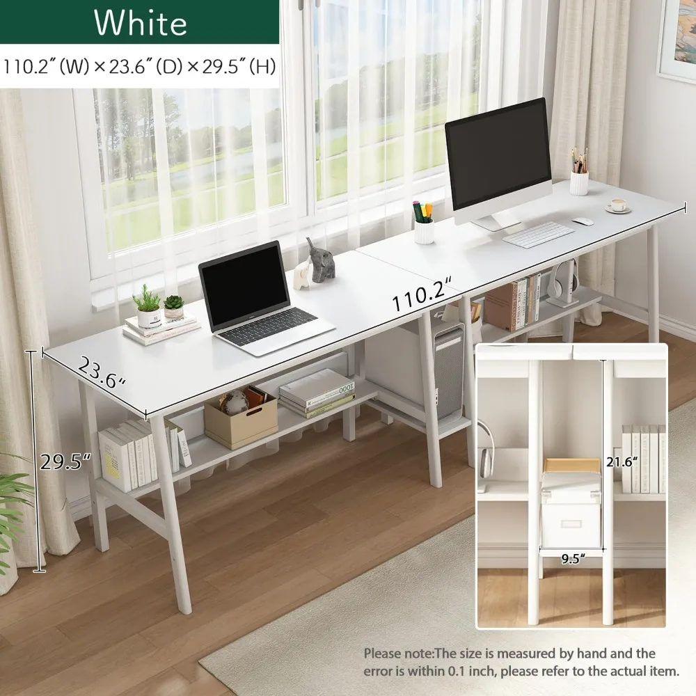 2-Person Writing Desk with Bookshelf, Wooden Extra Long Home Office Worktable, Study Computer Workstation White, Study Desk