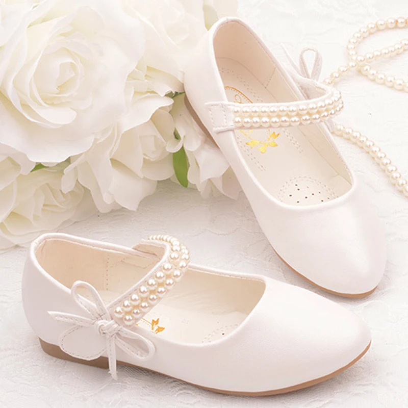 2023 New Girls White Leather Shoes Children Flat White Shoes Girls Flower Girl School Dress Shoes Toddler Girl Shoes