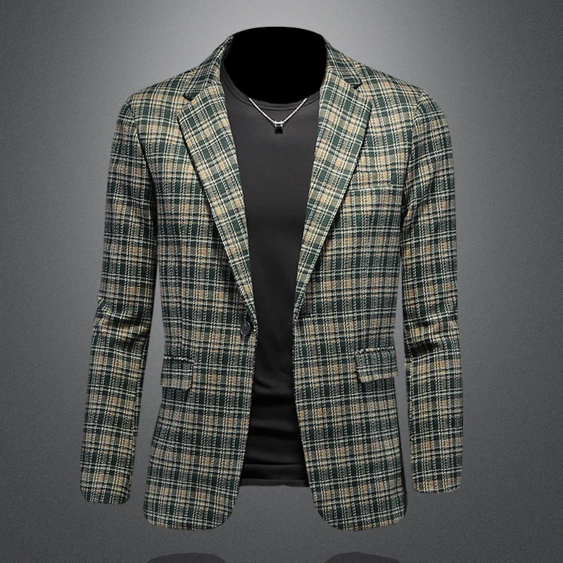 

Fashionable Slim Fit Plaid Suit Jacket Men's Casual Wear Standard Tailoring Flat Velvet Four Seasons Long Sleeve Single Button