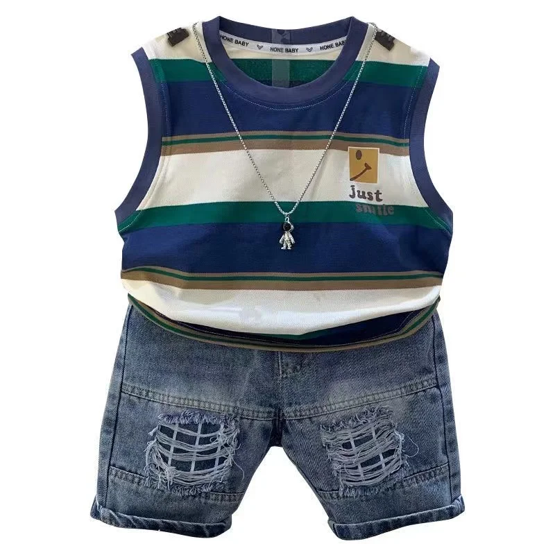 Striped Round Neck Pullover Cotton Sleeveless Shirt And Fashion Jeans Shorts 2pcs Summer Boutique Clothing Baby Boys Sport Suit