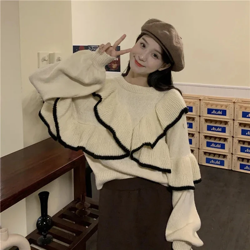 Two-sided Wear Korean O-neck Spliced Ruffles Knitted Pullover Sweater Women Fashion Loose Long Sleeve Women Clothing Casual Top