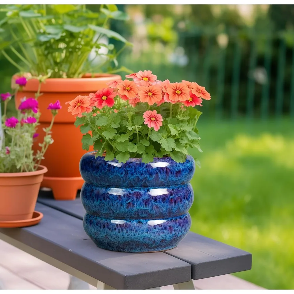 

8-дюймовый керамический горшок с дренажным отверстием - синий декоративный цветочный горшок для комнатных и уличных растений, домашний декор