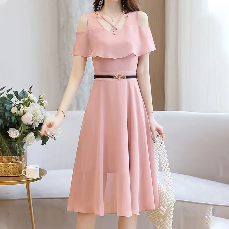 Elegant Fashion O-neck Off Shoulder Black Empire A-LINE Skirt Gift Belt Summer New Solid Color Dress Comfortable Women Clothing