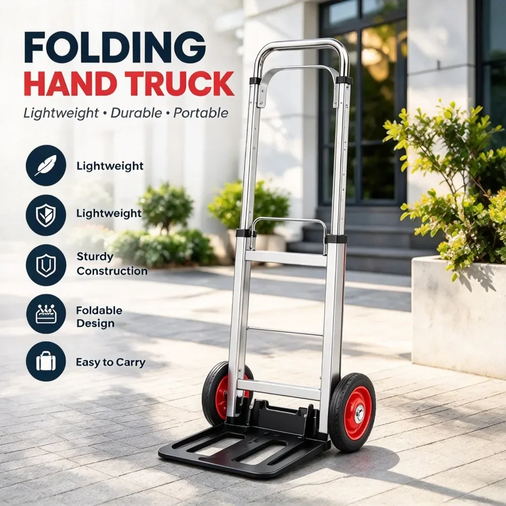Folding Hand Truck and Dolly, Lightweight Aluminum Luggage Trolley with Wheels, Portable Collapsible Cart for Moving, Travel, Shopping and Office Use