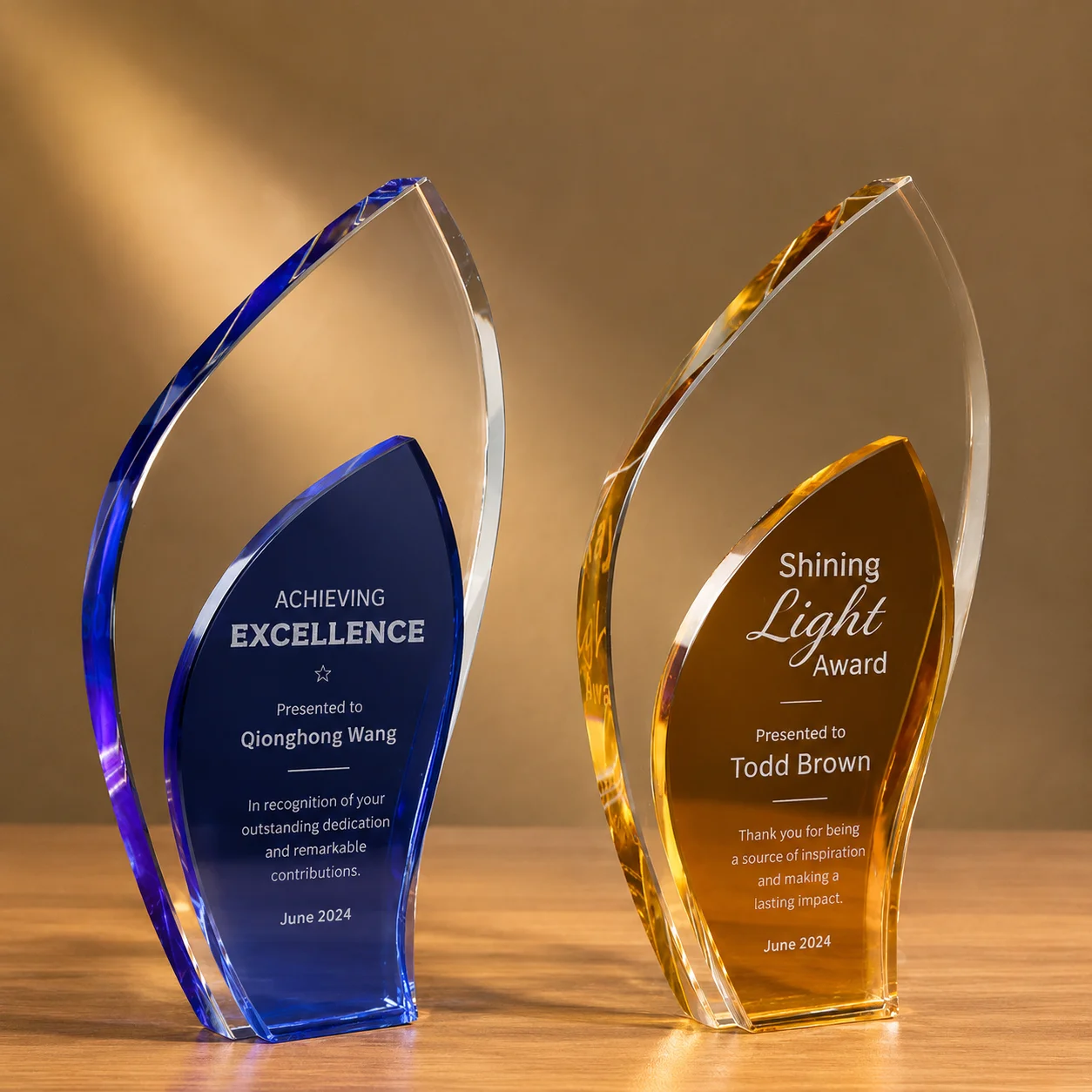 Blue Glass Leaf Shaped Award Trophy Excellent Employee Business Gift Creative Corporate Recognition Trophy