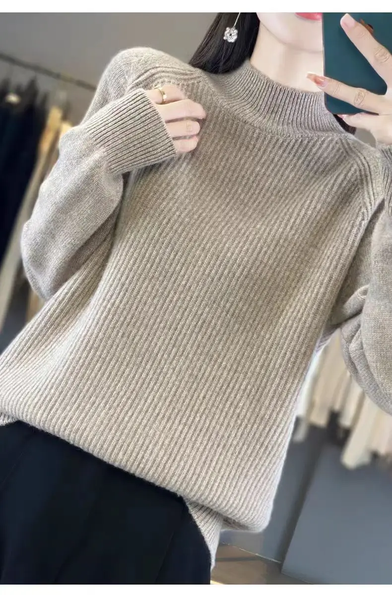 100% pure wool sweater, thickened women's half-high collar, autumn and winter loose knitted sweater, cashmere sweater.