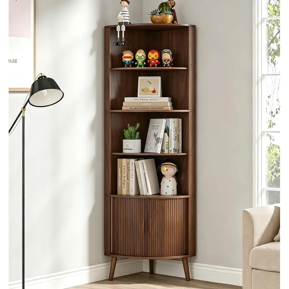66'' Tall Corner Bookshelf with 2 Fluted Sliding Doors Walnut
