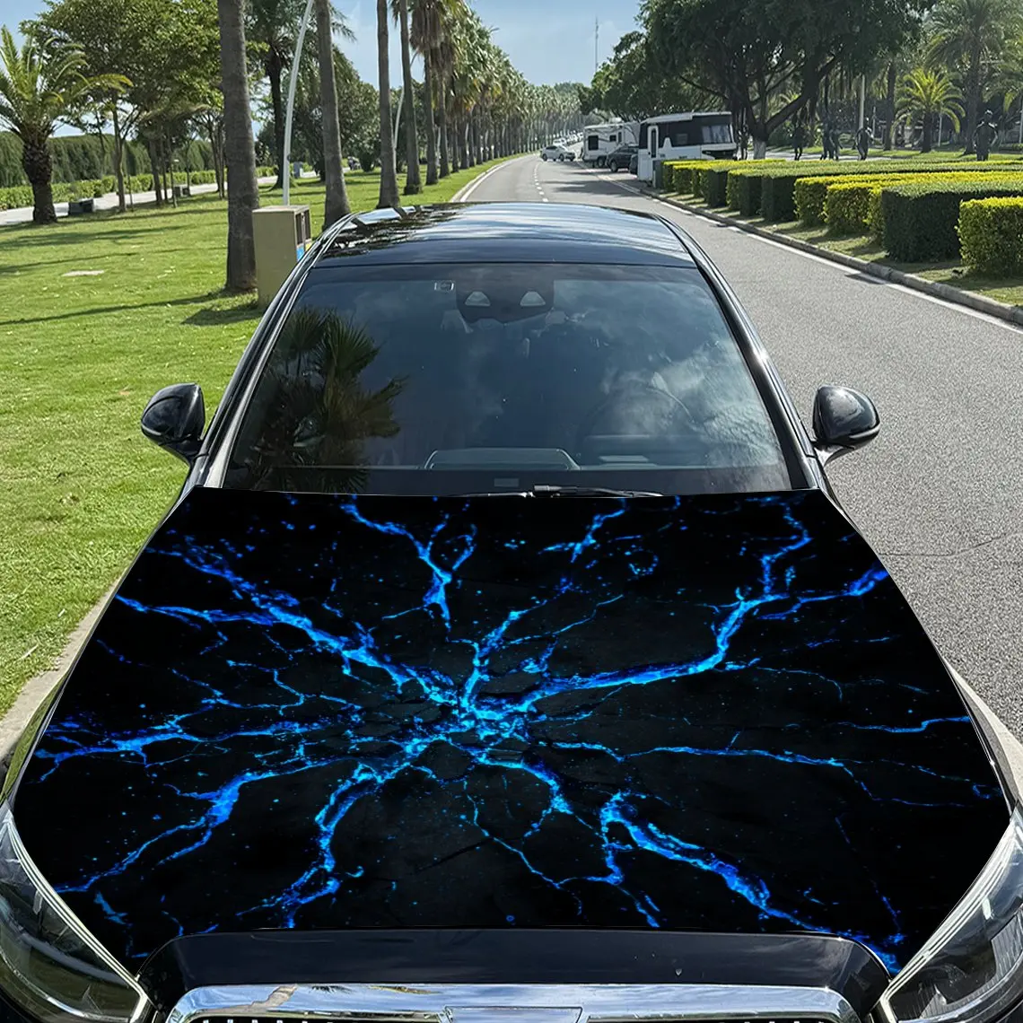 

Electric Blue Cracks Car Vinyl Wrap, PVC Material Waterproof Car Hood Sticker, Self-Adhesive Scratch-Resistant Stickers for Engi