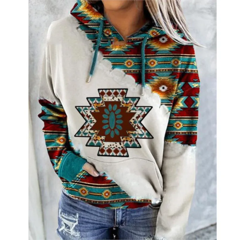 

Women's Hoodies Vintage Boho Printed Hooded Sweatshirt 2024 Autumn Fashion Female Long Sleeved Drawstring Casual Loose Pullover