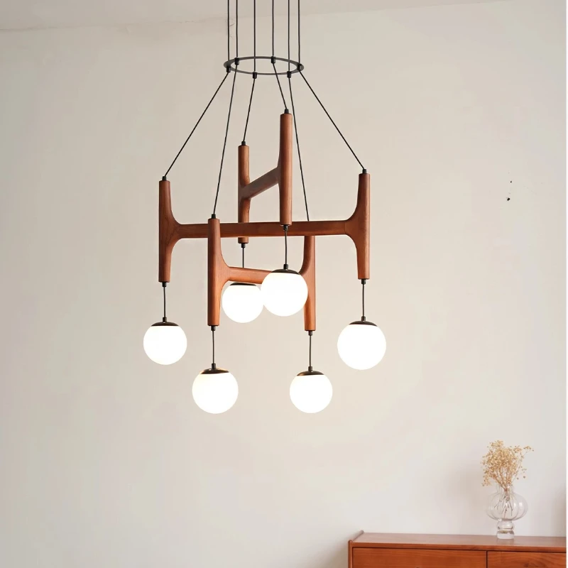 

Duplex living room chandelier Nordic simple wabi wind restaurant bar magic bean solid wood molecular lamp
