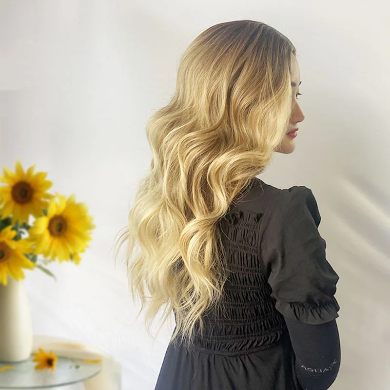 Cabelo longo ondulado feminino com uma separação média ondas grandes peruca de fibra sintética de seda de alta temperatura estilo vento natural