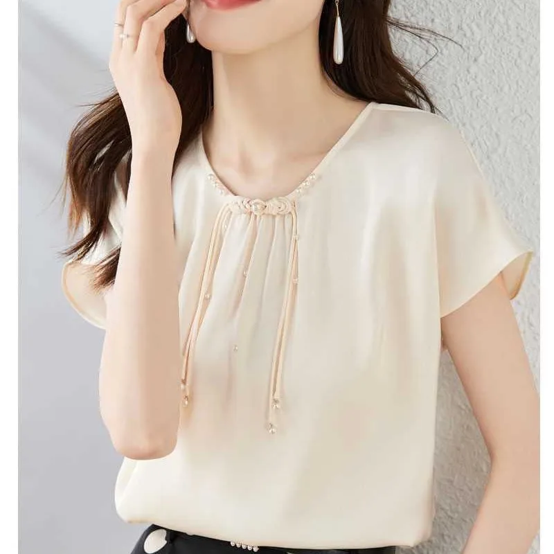 Vintage Chinese Style Summer Women's O-Neck Solid Embroidered Flares Frog Fashion Elegant Loose Short Sleeve Chiffon Shirt Tops