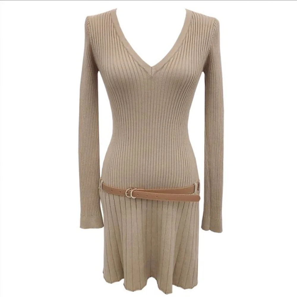Belt dress autumn and winter vintage deep V-neck mid waist thread slim knit short dress for women