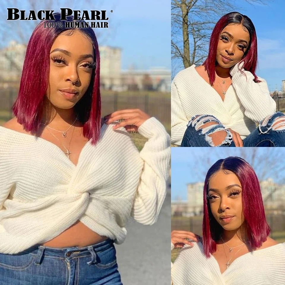 Ombre Burgundy Straight Short Bob Wig Side Part Lace Front Human Hair Wigs For Black Women Tanie kolorowe brazylijskie peruki z włosów