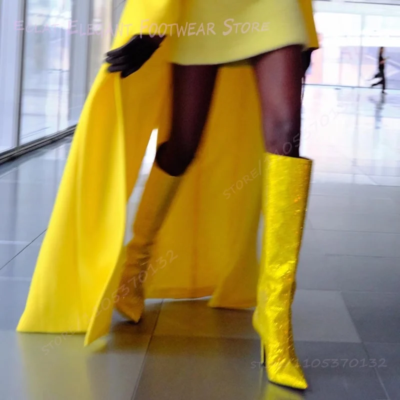 

Canvas Leather Pleated Boot Glitterati Diamond Crystal Yellow Stiletto Heel Women Red Pointed Knee Zip Sparkly Bling Summer Shoe