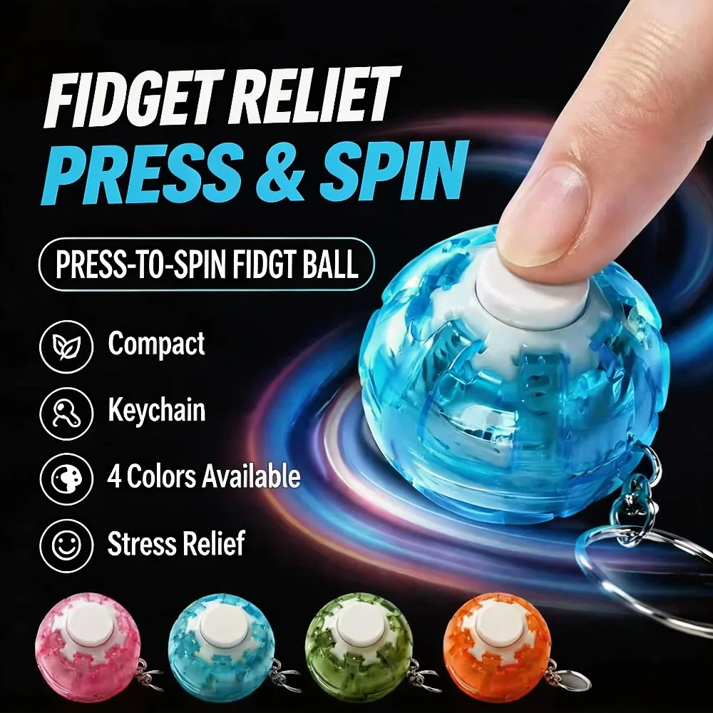 Press‑to‑Spin Fidget Ball Keychain 3D Gear Rotating Gyro Toy Portable Sensory Hand Spinner Stress Relief Backpack Pendant Gift