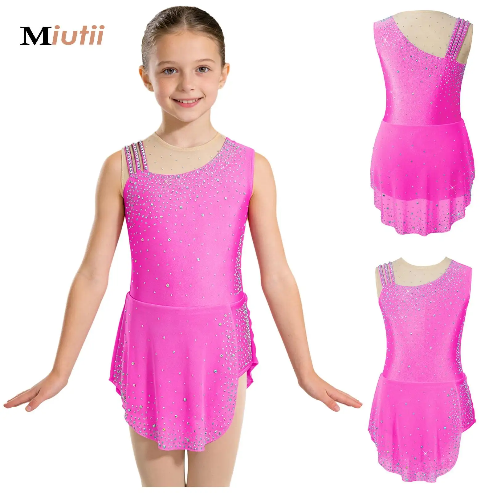 Ballet Jersey Leotard Dress Kids Girls Shiny Rhinestones Gymnastics Artistic Figure Skating Lyrical Dance Performance Costume