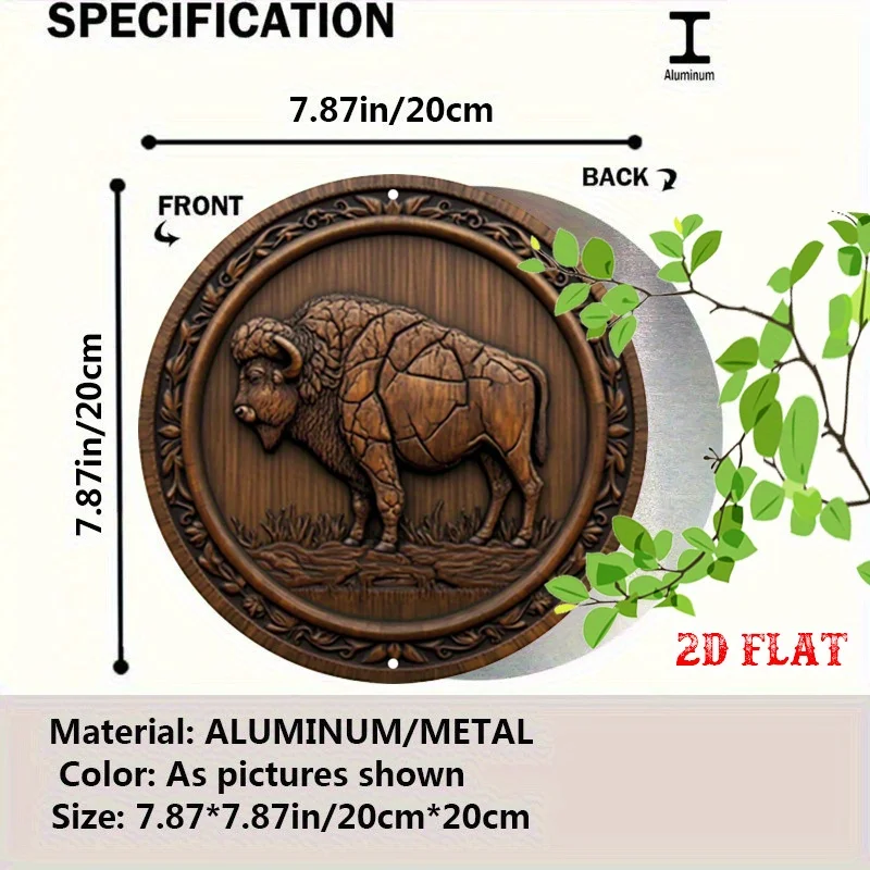 2D Flat - A Single Piece of 2D Flat Vintage Metal Artwork Showcasing a Wooden Carving of a Strong American Bison Within a Circ