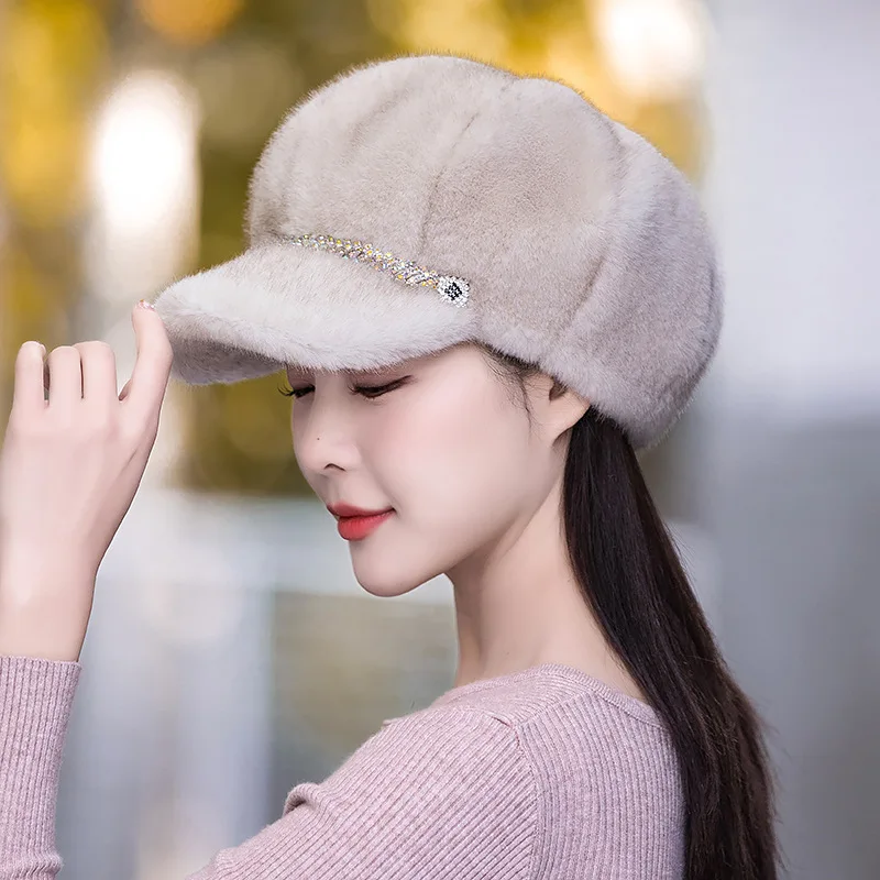 2024 Winter Hat For Women Fashion Faux Fur Fluffy Duck Tongue Hat Female Warm Ear Protection Hats Outdoor Thicken Wind Snow Caps