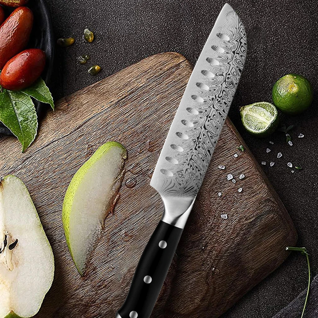 Professional chef's knife with Damascus texture, kitchen knife with anti-slip handle, kitchen sharp cooking three-edged knife